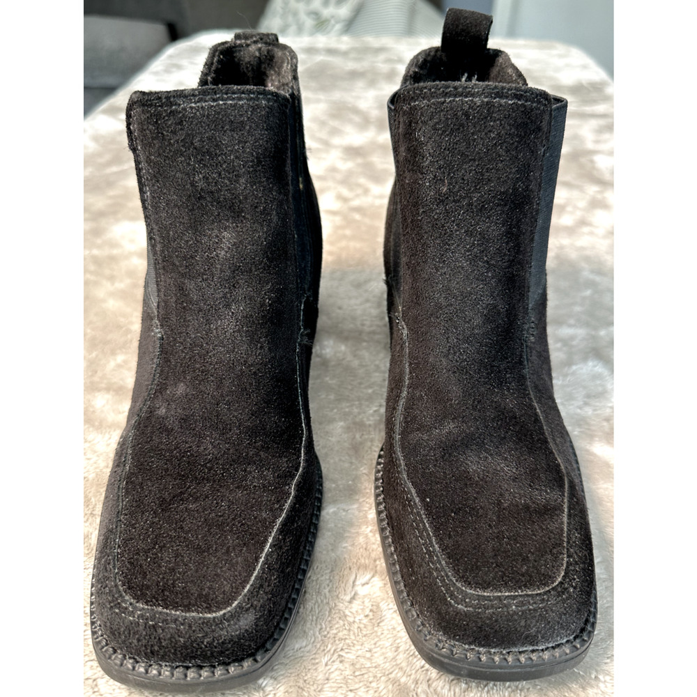 Barbo Canada Black Suede Square Toe Chunky Heel Ankle Boots Womens Size 7 W